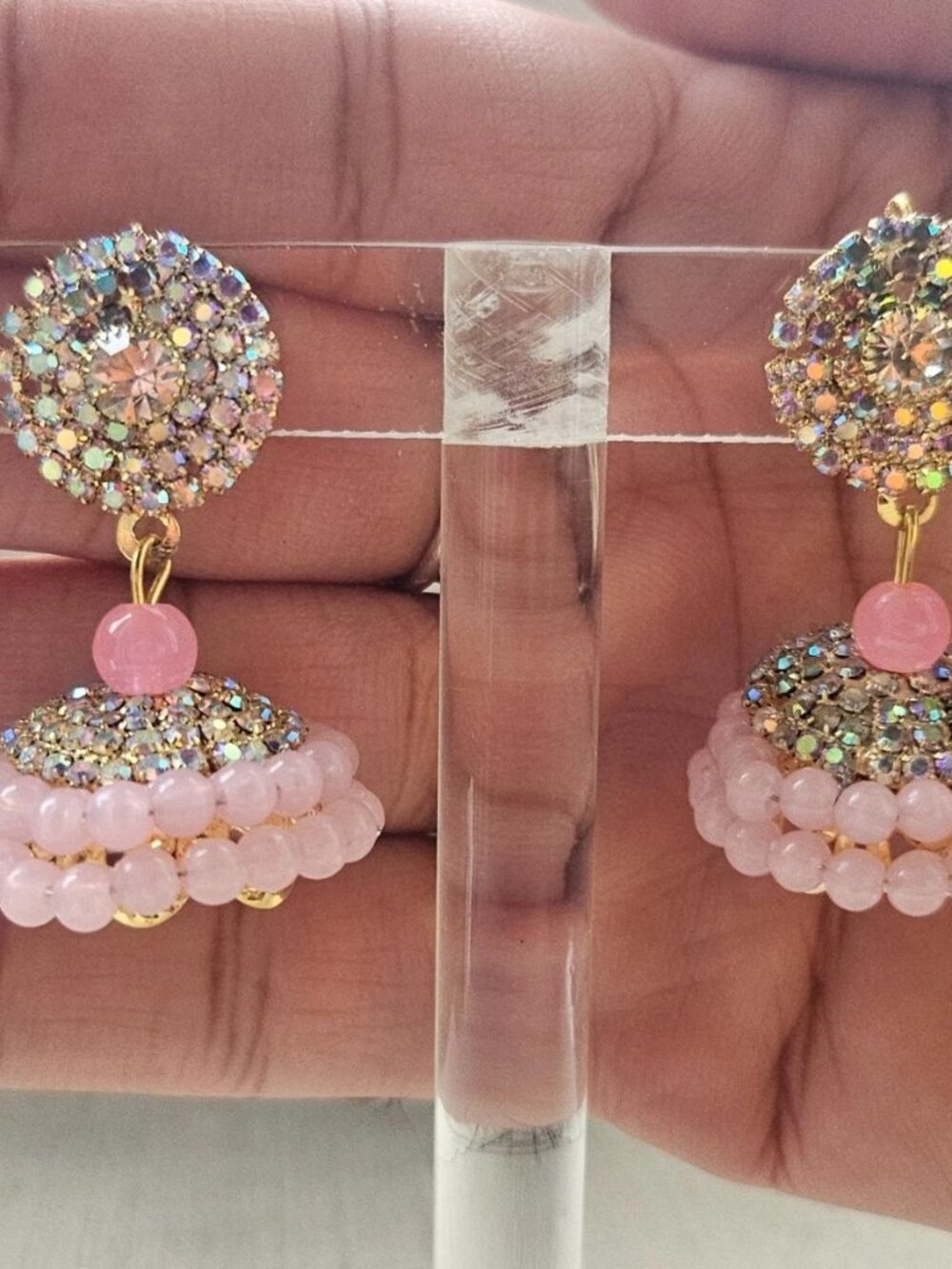 Fashion Earrings Pink Beads Chandelier Jhumka Traditional Pakistani Earrings - Picture 11 of 12